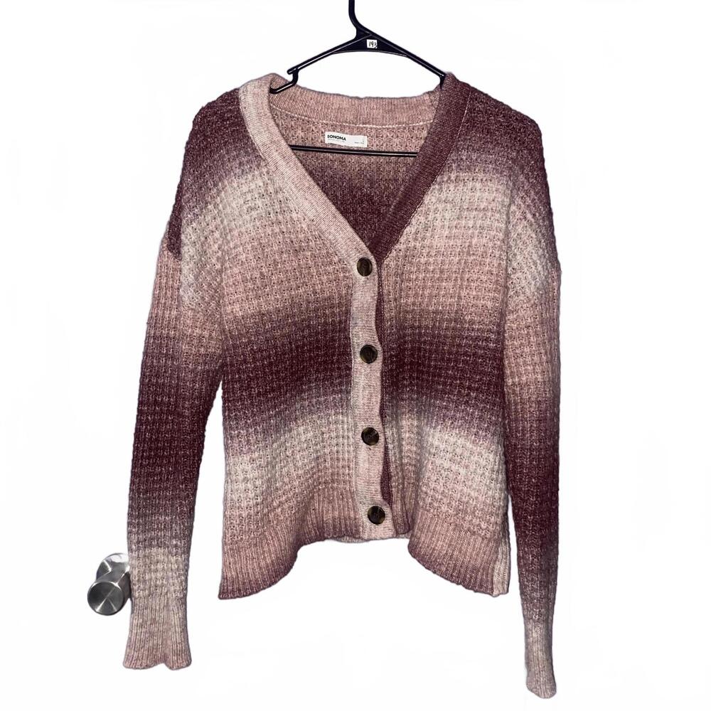 Sonoma Women’s L Pink Ombre Knit Button Front Cardigan Sweater Long Sleeve